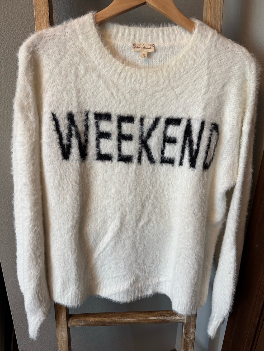 Hem & Thread White Fuzzy Crewneck Sweater with Black WEEKEND Logo